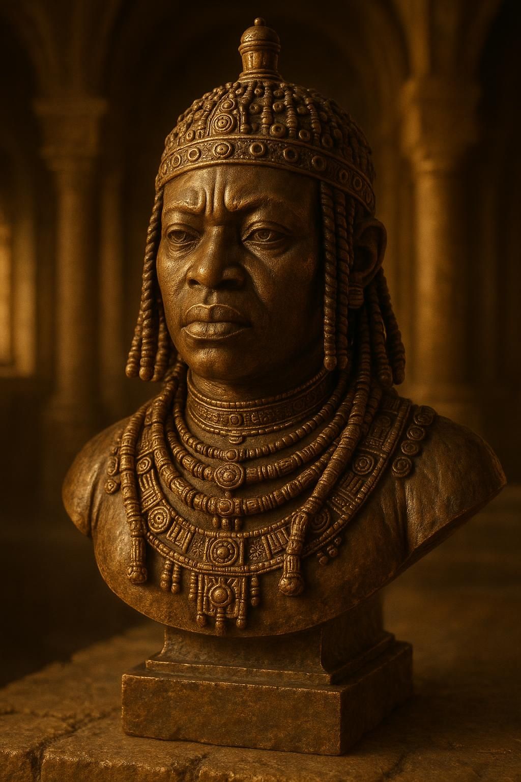 découvrez un buste commémoratif ancestral en laiton représentant le portrait d’un roi africain vieux de 500 ans, symbole d’histoire et de patrimoine culturel.