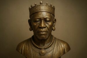 découvrez ce buste commémoratif ancestral en laiton, représentant le portrait d’un roi africain vieux de 500 ans, symbole d’histoire et de patrimoine authentique.